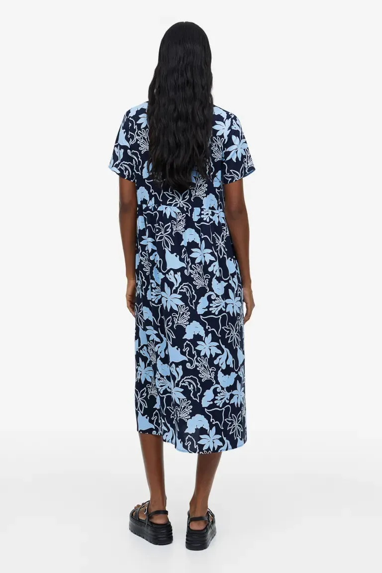 H&M button front dress, navy/patterned