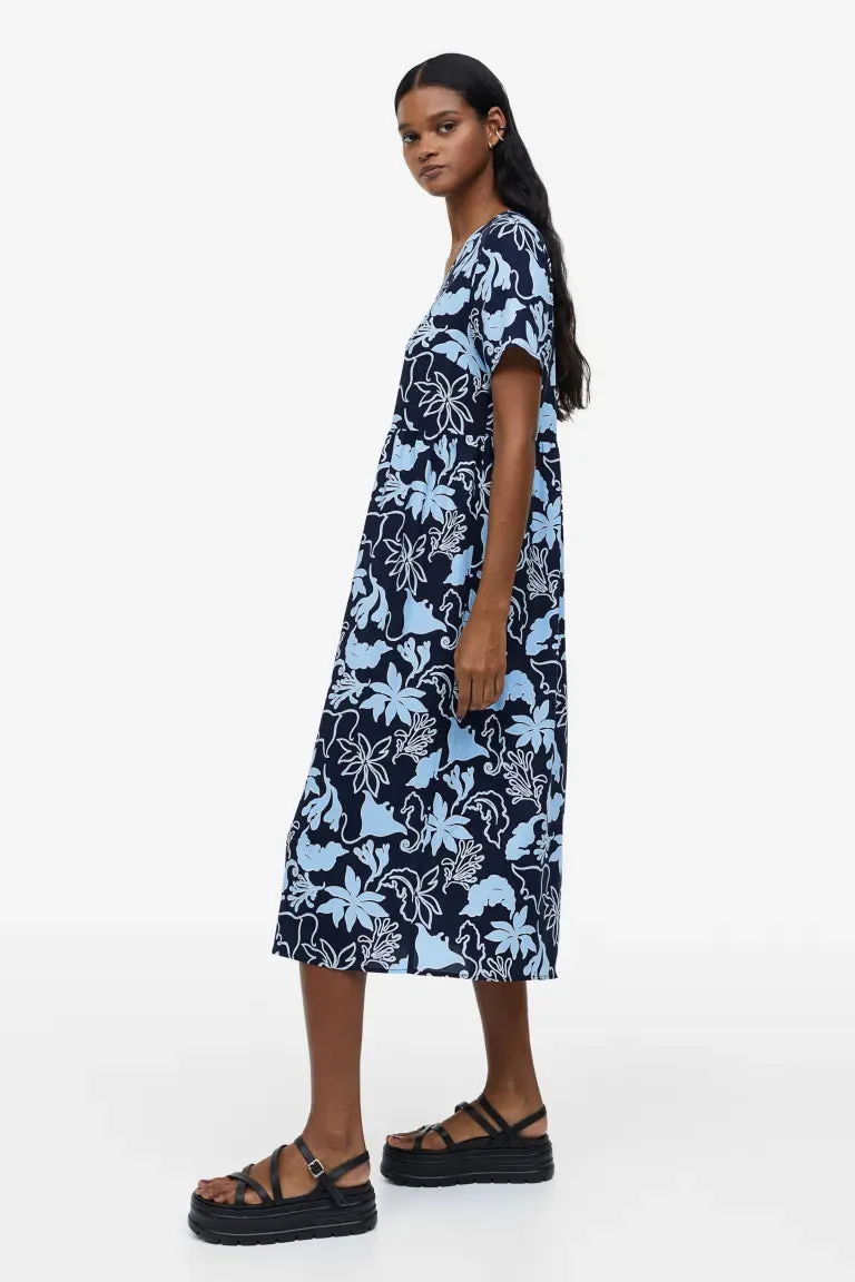 H&M button front dress, navy/patterned