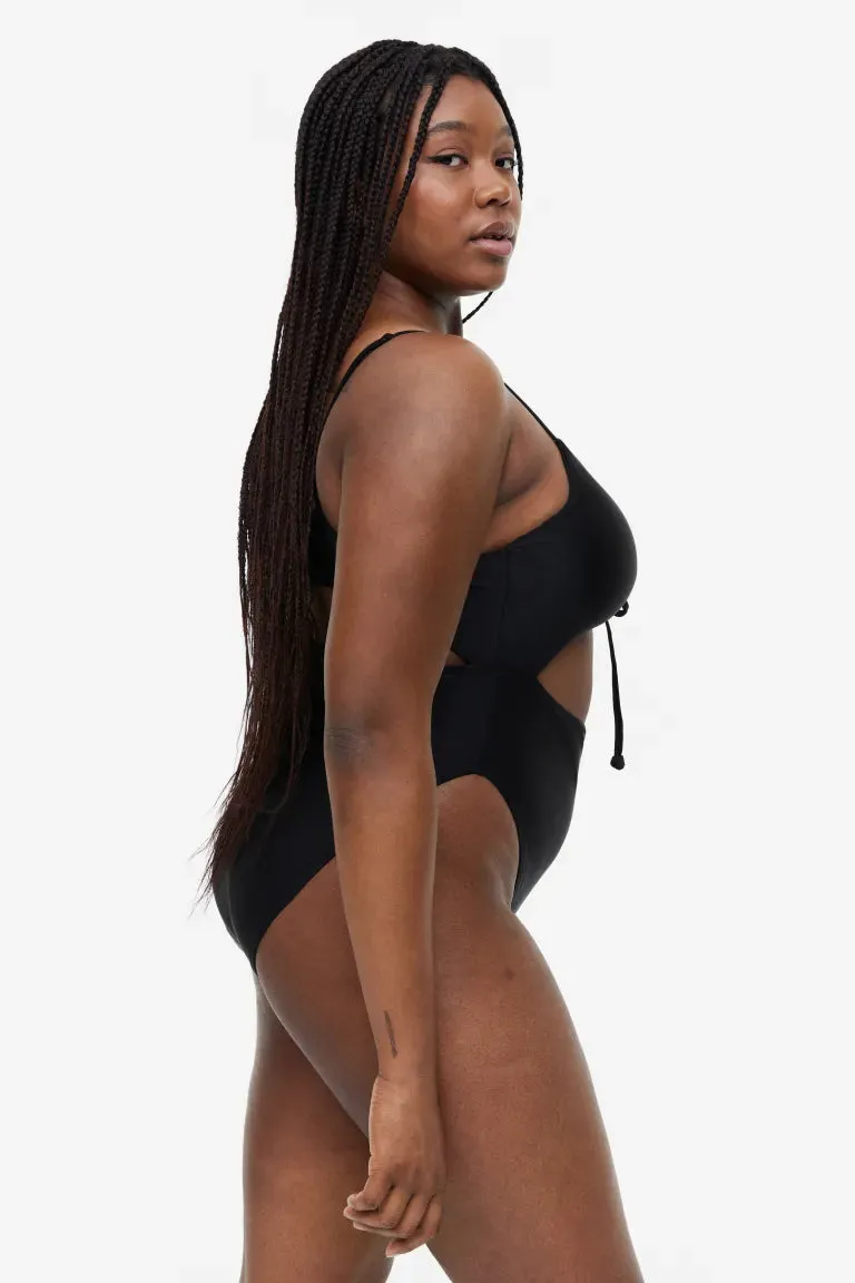 H&M  High-waisted swimsuit with drawstring, black