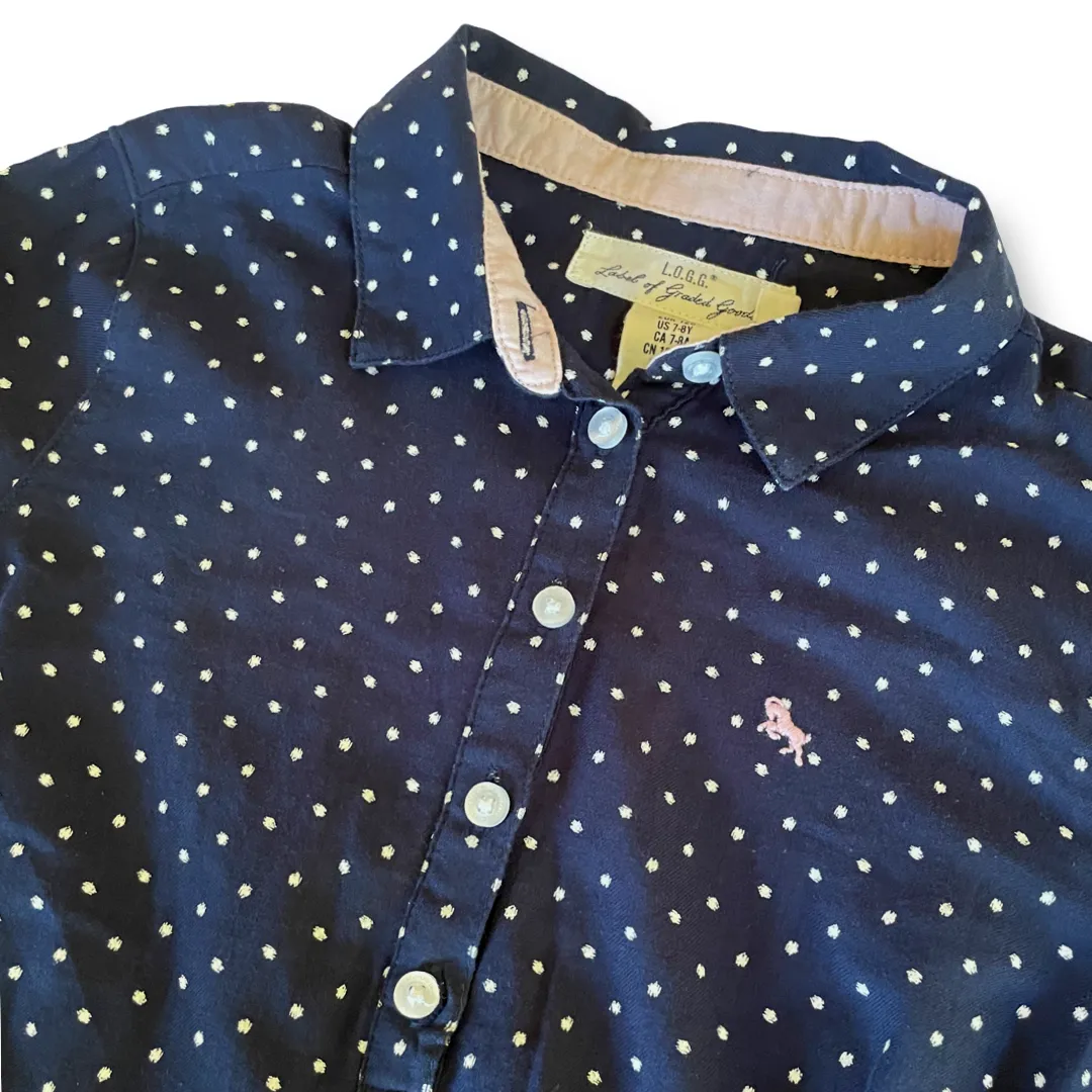 H&M L.O.G.G. Navy & White Polka Dot Shirt Dress -