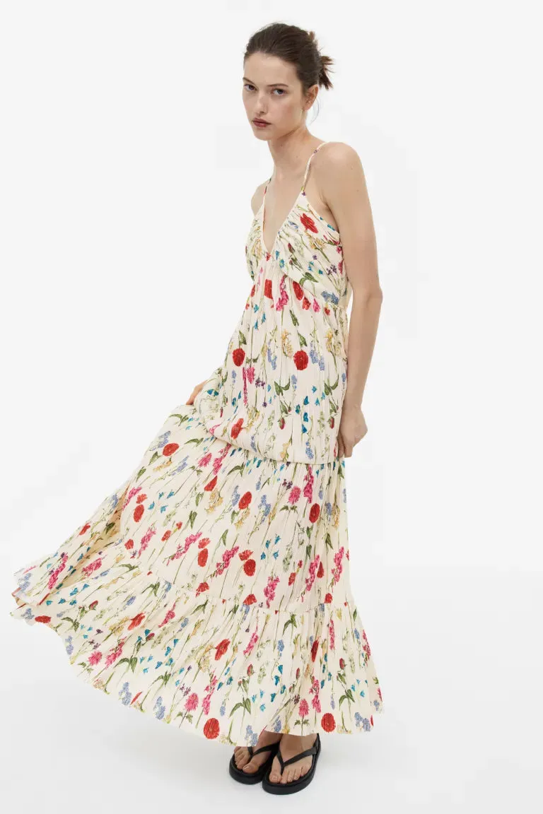 H&M pleated maxi dress, cream/floral