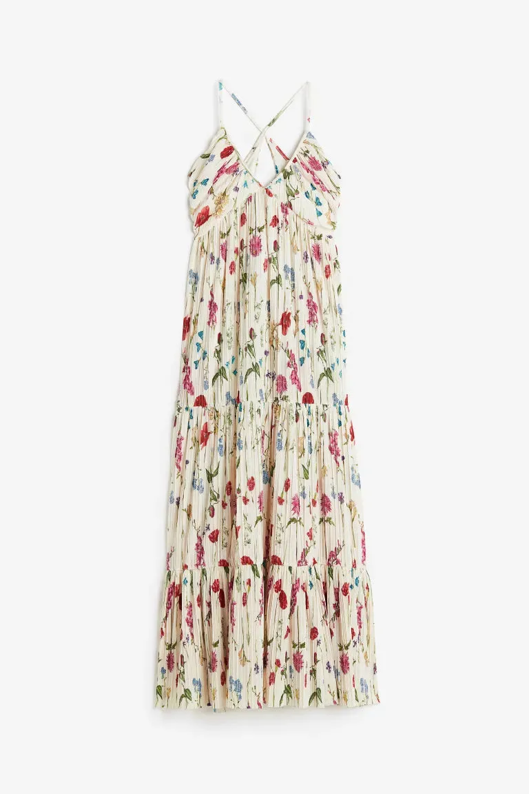 H&M pleated maxi dress, cream/floral