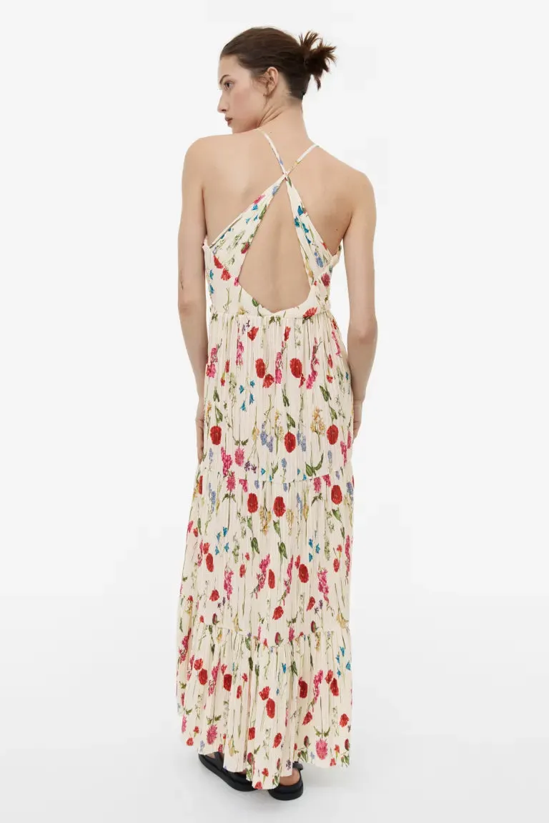 H&M pleated maxi dress, cream/floral