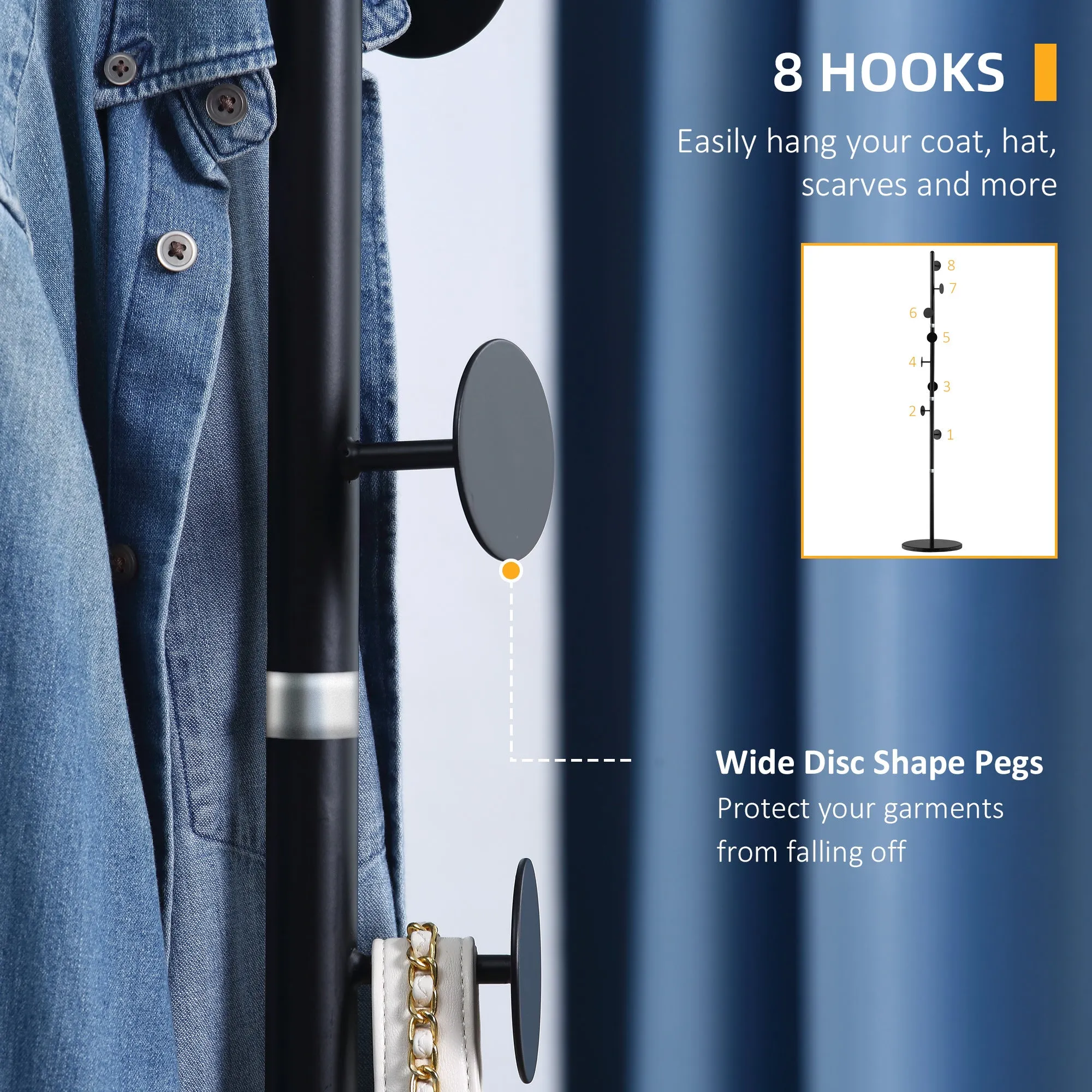 HOMCOM Steel Coat Stand Rack Marble Base 8 Hook for Living Room Entryway,Black