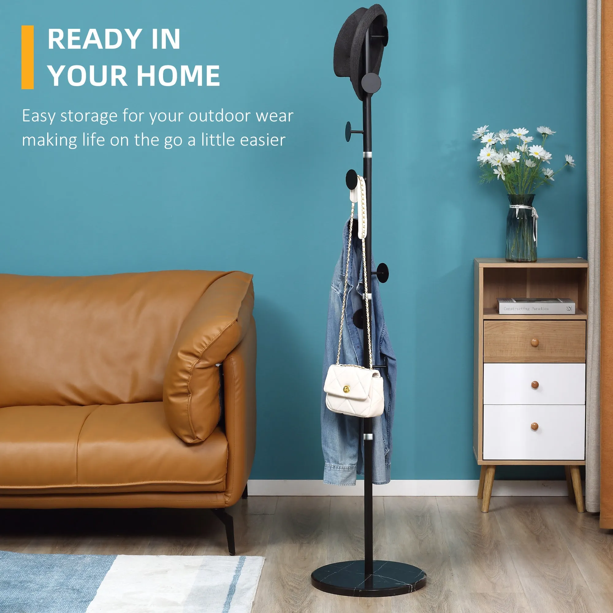 HOMCOM Steel Coat Stand Rack Marble Base 8 Hook for Living Room Entryway,Black