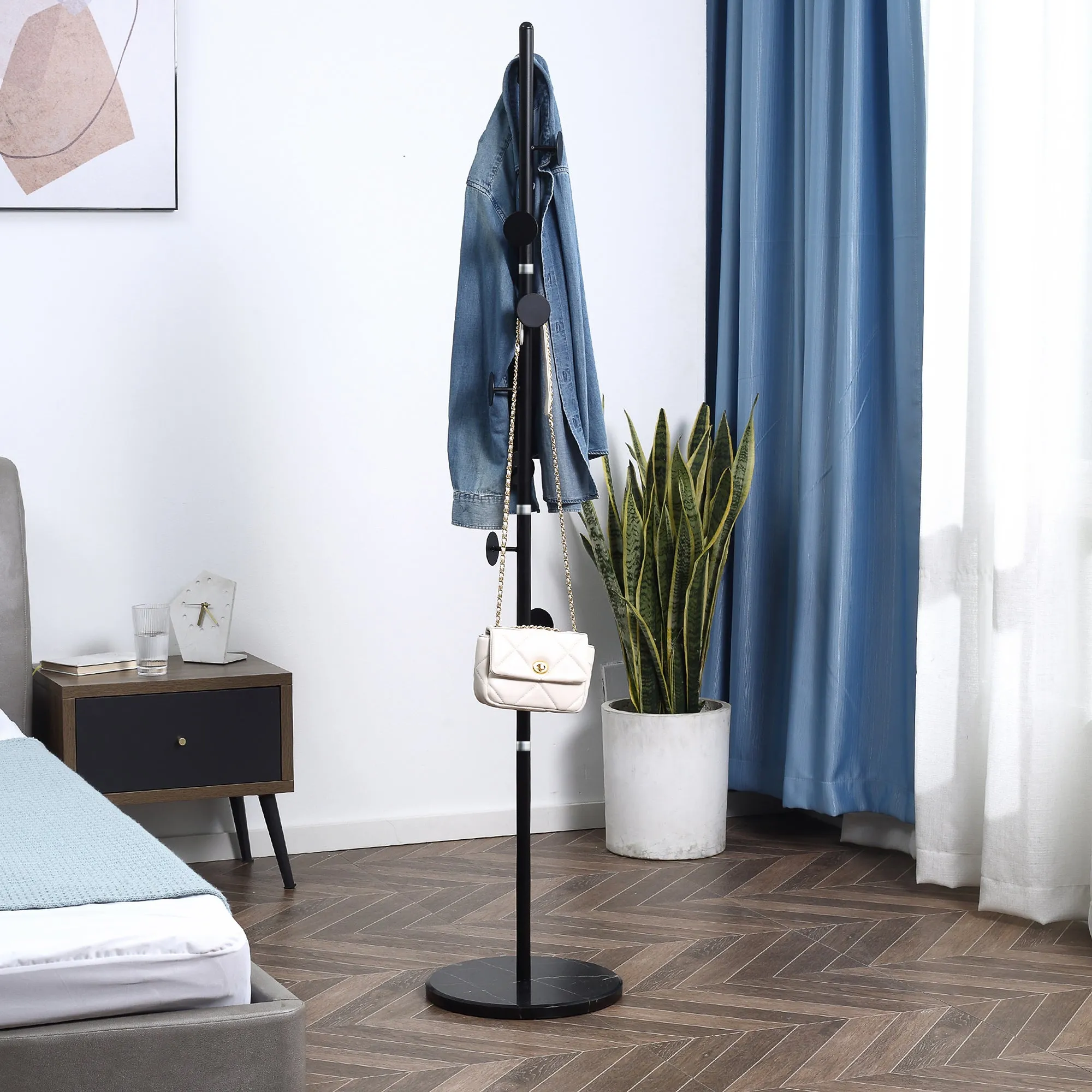 HOMCOM Steel Coat Stand Rack Marble Base 8 Hook for Living Room Entryway,Black