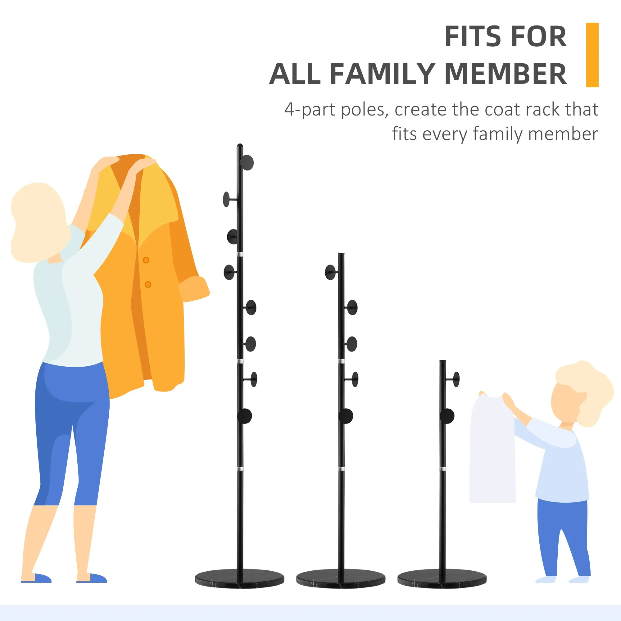 HOMCOM Steel Coat Stand Rack Marble Base 8 Hook for Living Room Entryway,Black