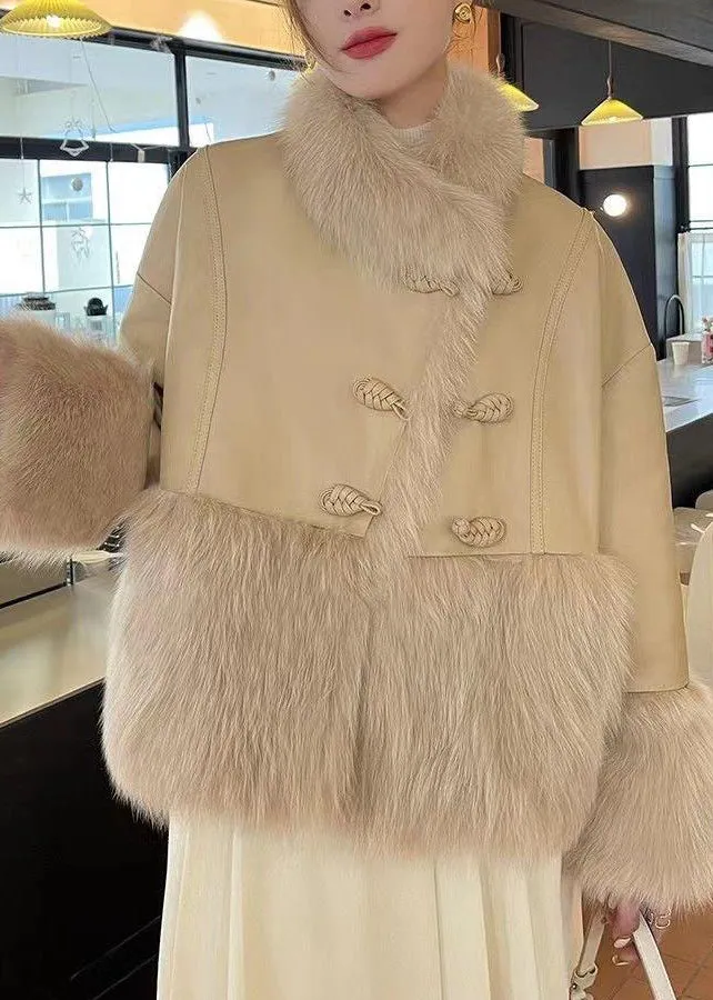 Khaki Button Patchwork Duck Down Down Coats Fur Collar Winter RC007