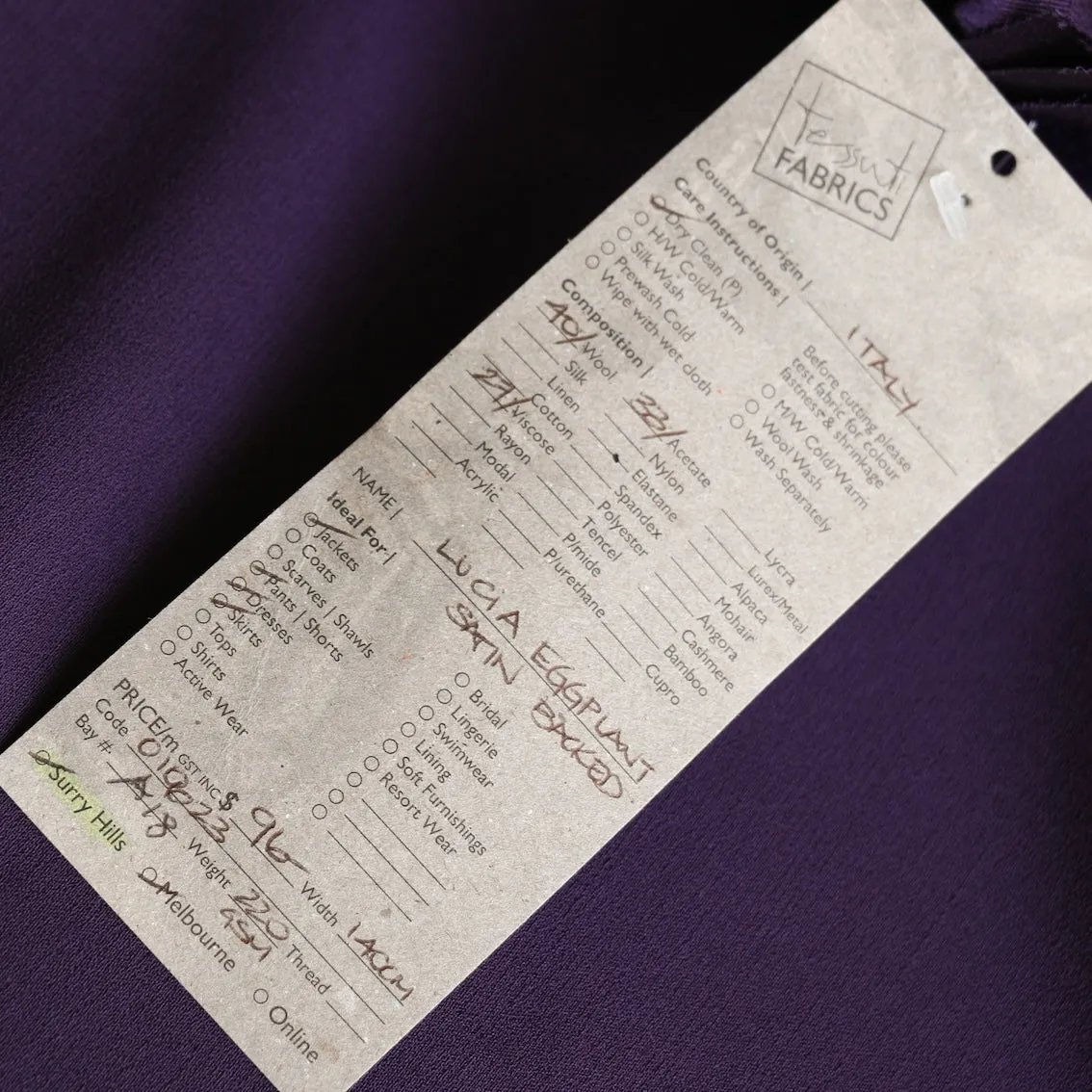 Lucia Eggplant Satin Backed Wool/Acetate/Viscose