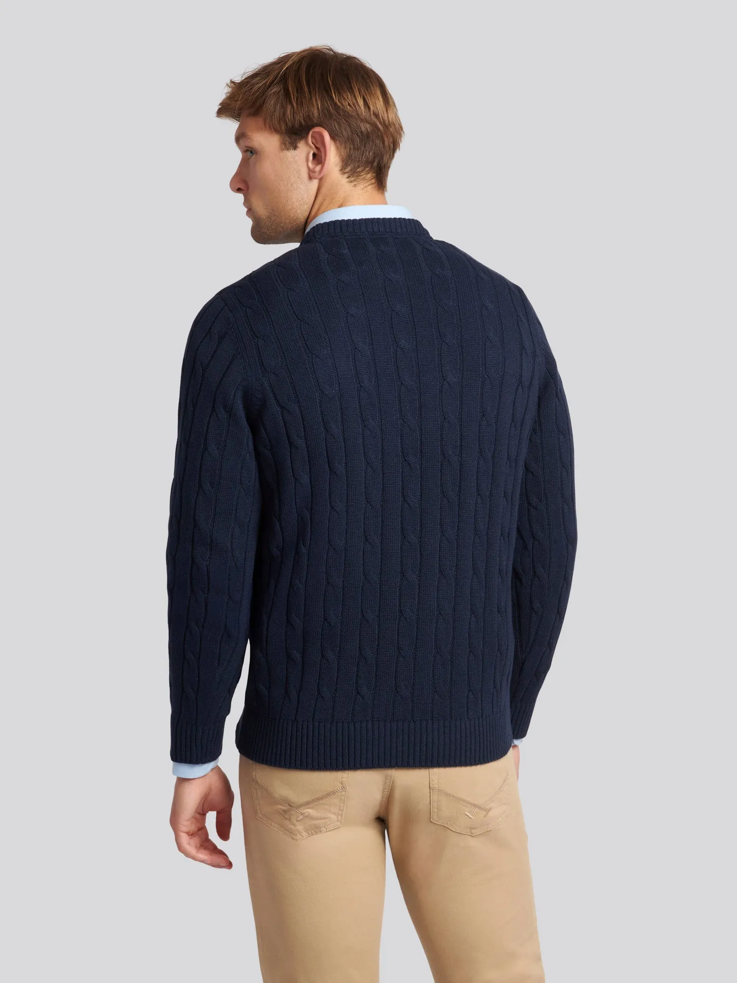 Mens Cable Knit Crew Neck Jumper in Navy Blazer / Haute Red