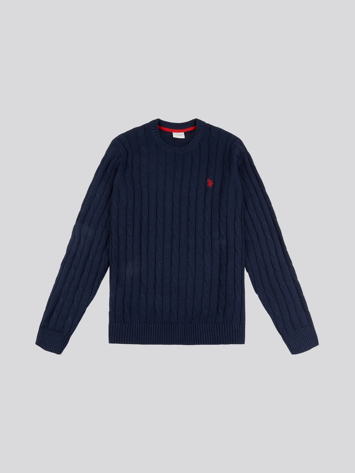 Mens Cable Knit Crew Neck Jumper in Navy Blazer / Haute Red