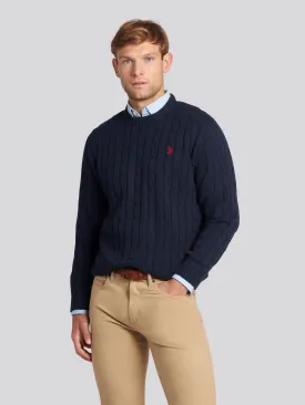 Mens Cable Knit Crew Neck Jumper in Navy Blazer / Haute Red