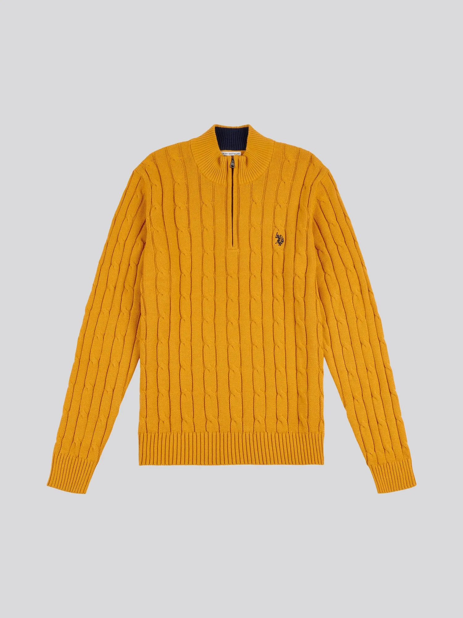 Mens Cable Knit Quarter Zip Sweatshirt in Golden Yellow