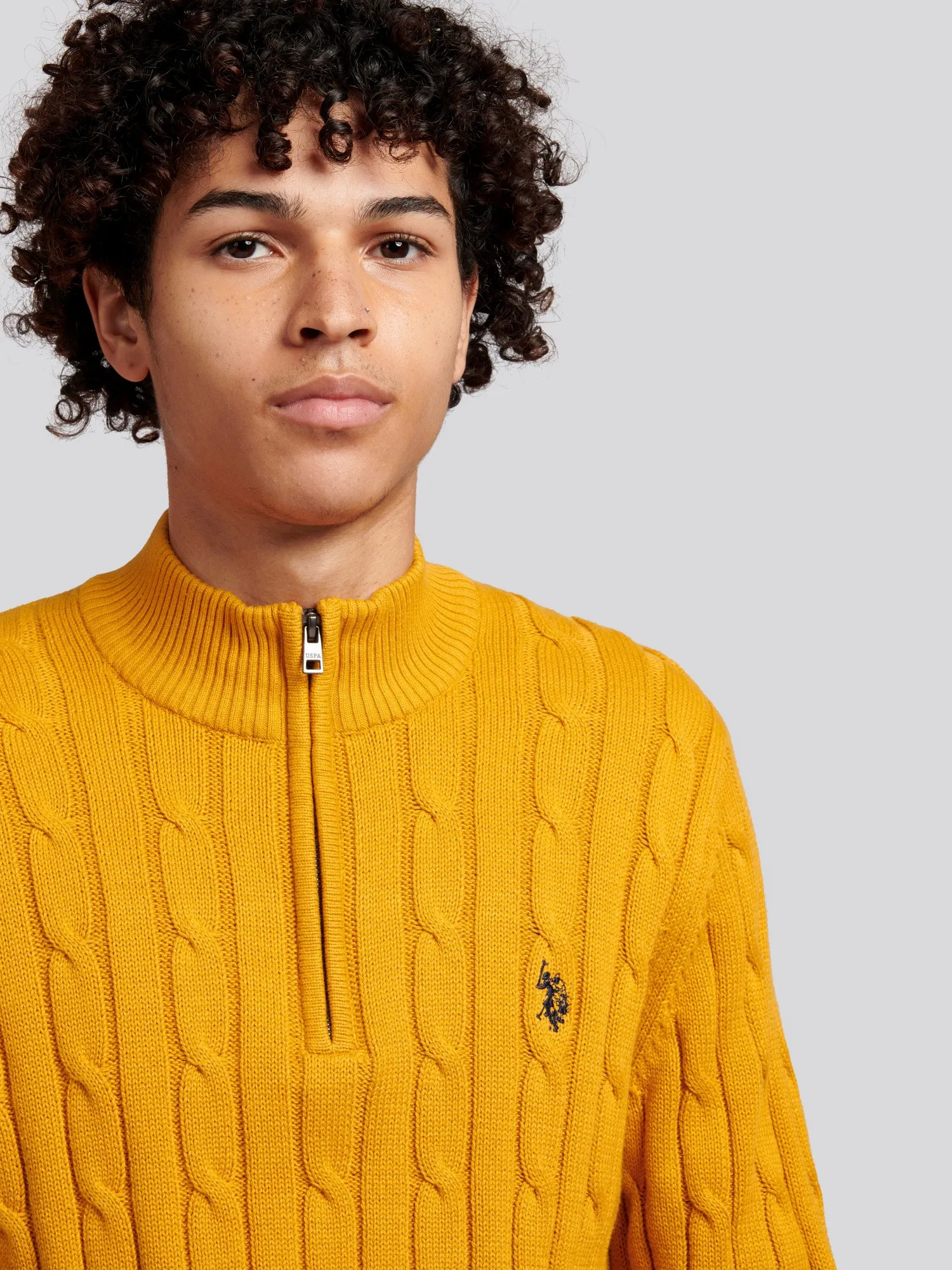 Mens Cable Knit Quarter Zip Sweatshirt in Golden Yellow