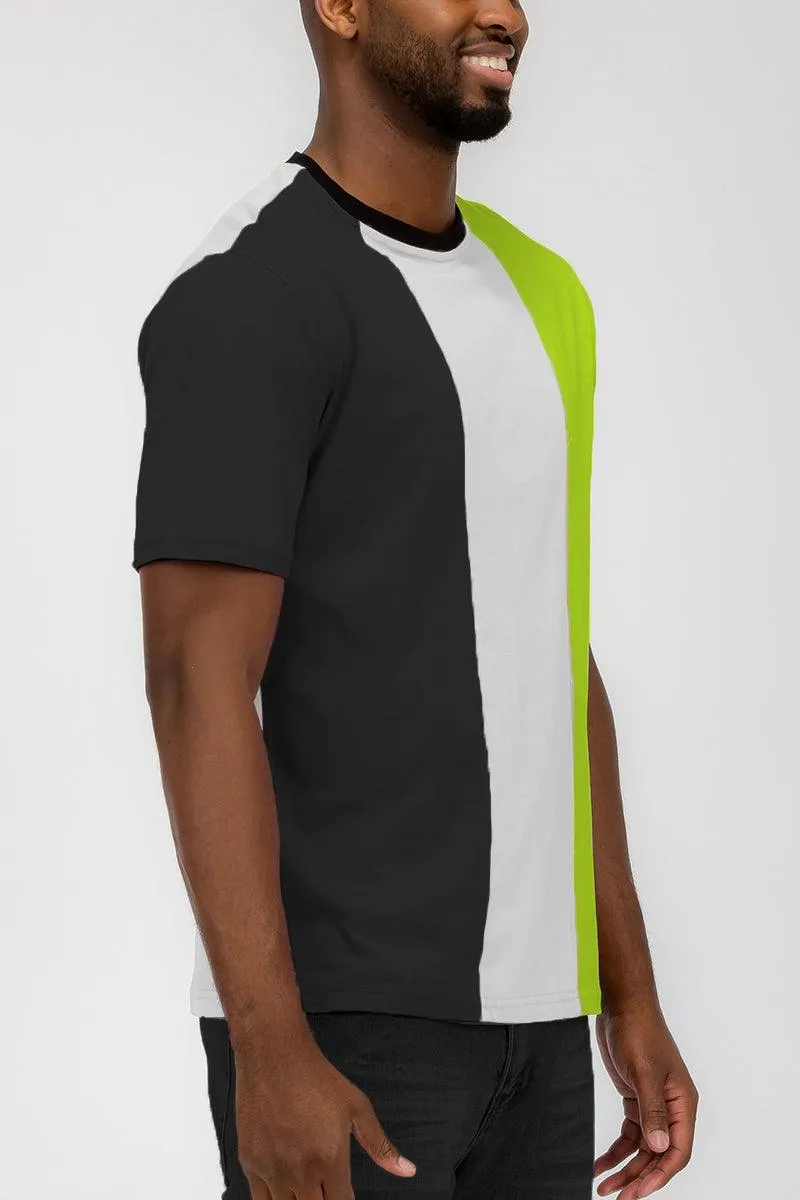 Mens Green Neon Black Vertical Color Block T-Shirt