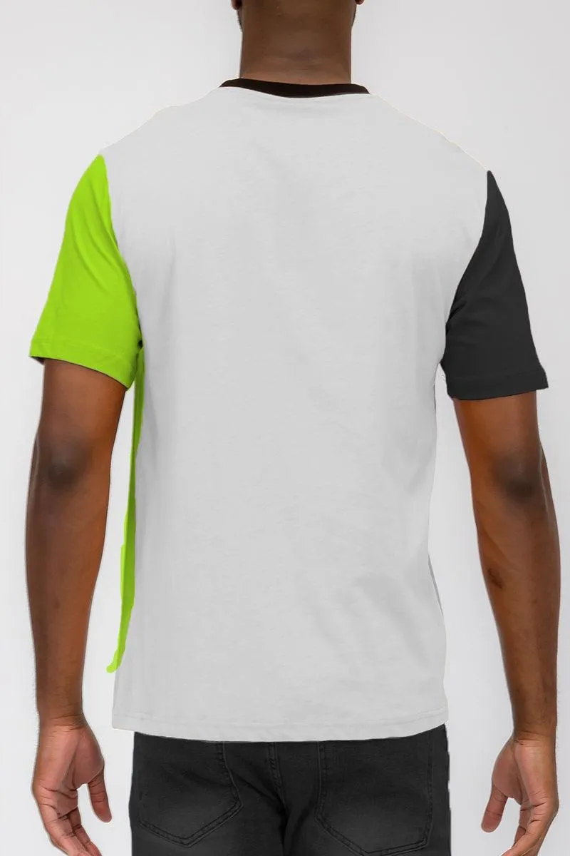 Mens Green Neon Black Vertical Color Block T-Shirt