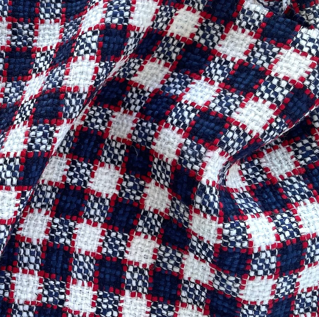 Mid-Weight Checked Red, Ice & Bright Navy Wool Blend Bouclé (Made in Italy)
