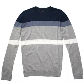 Navy / Lt Blue Cashmere   Cotton Stripe Crewneck Sweater by Autumn Cashmere