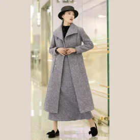 New light purple woolen outwear trendy plus size tei waist long coats pockets coats