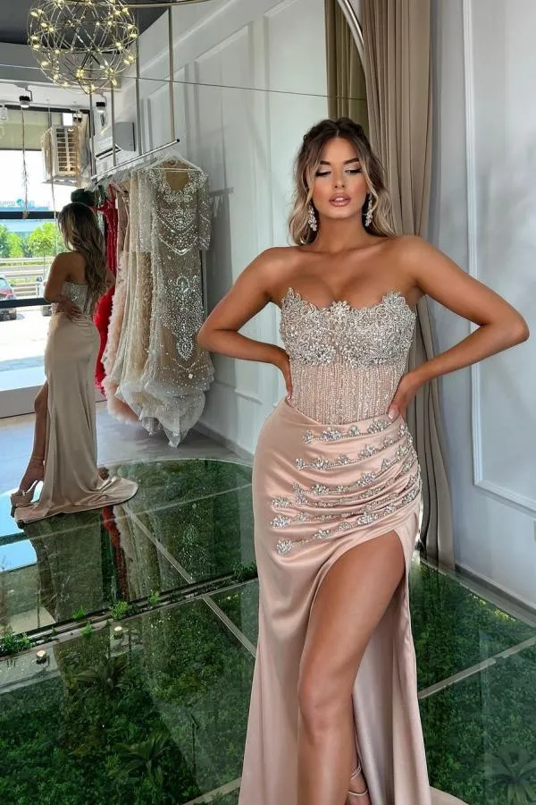 Pink Sweetheart Silver Beaded High Split Prom Party Dresses with Pleats
