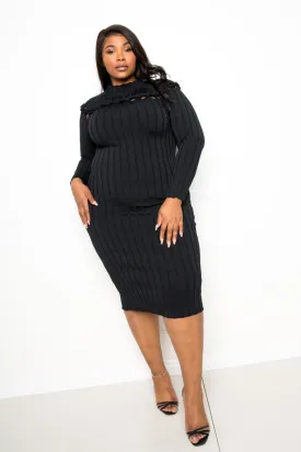Plus Size Black Mock Neck Long Sleeve Pullover Sweater Bodycon Knot Detail Midi Dress