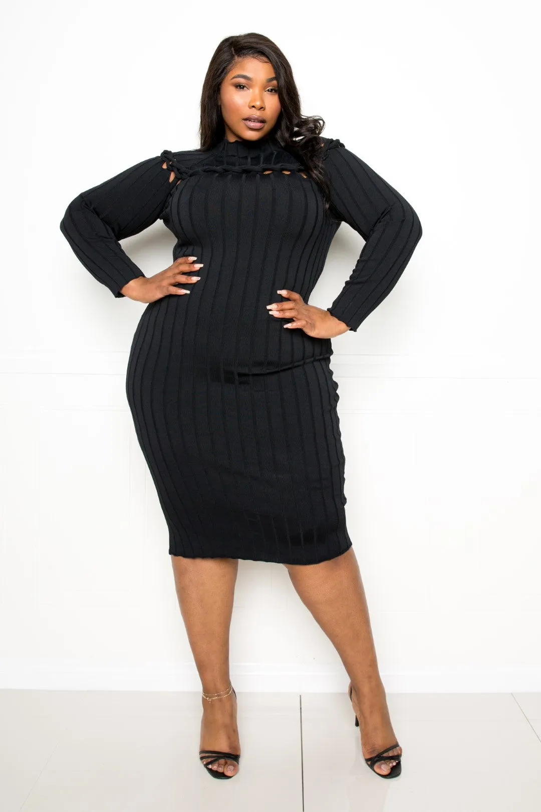 Plus Size Black Mock Neck Long Sleeve Pullover Sweater Bodycon Knot Detail Midi Dress