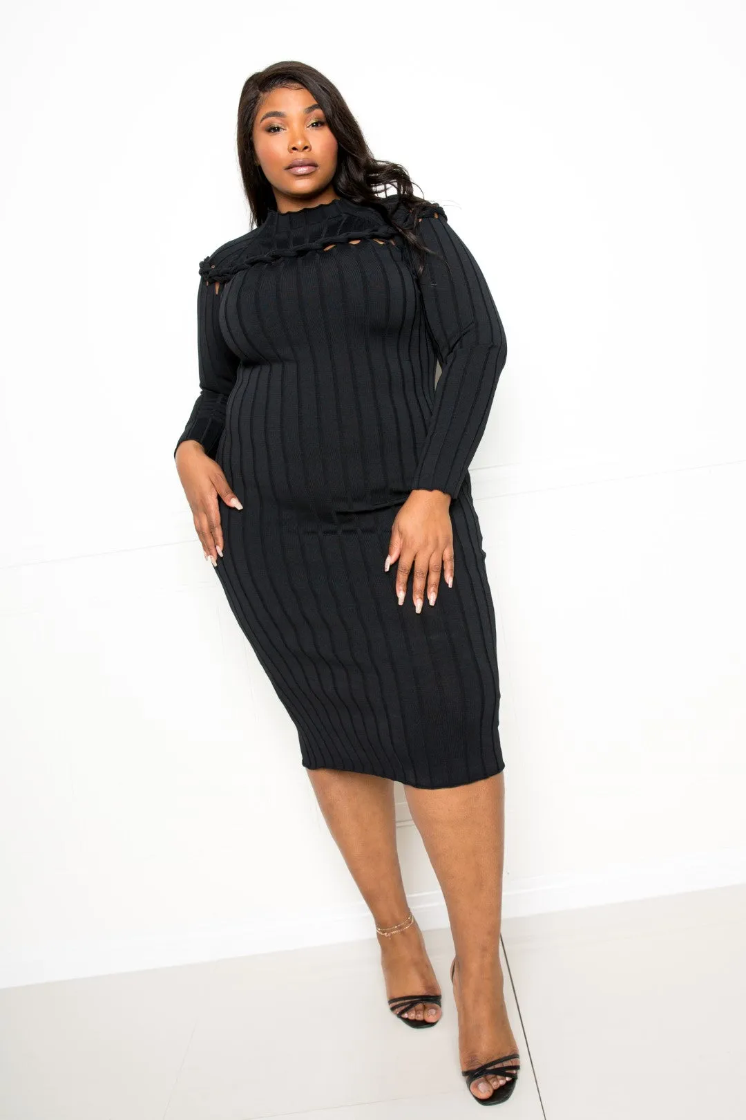 Plus Size Black Mock Neck Long Sleeve Pullover Sweater Bodycon Knot Detail Midi Dress