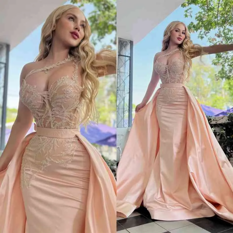 Popular One Shoulder Mermaid Prom Dress Overskirt Long With Lace Beads