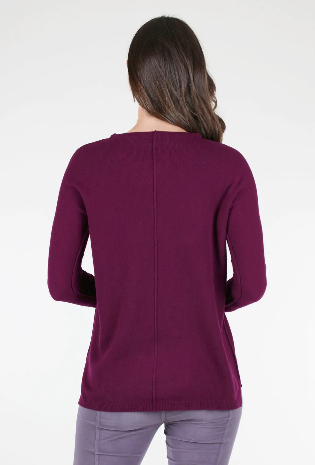 Seamed Easy Cashmere Pullover, Plum