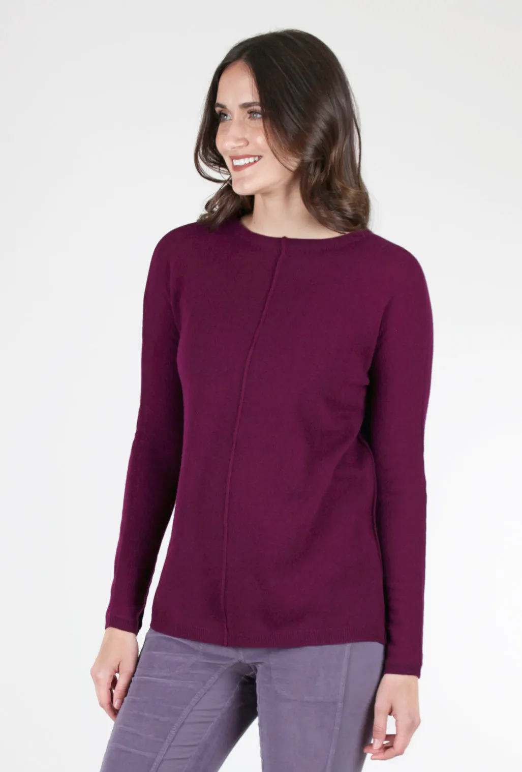 Seamed Easy Cashmere Pullover, Plum