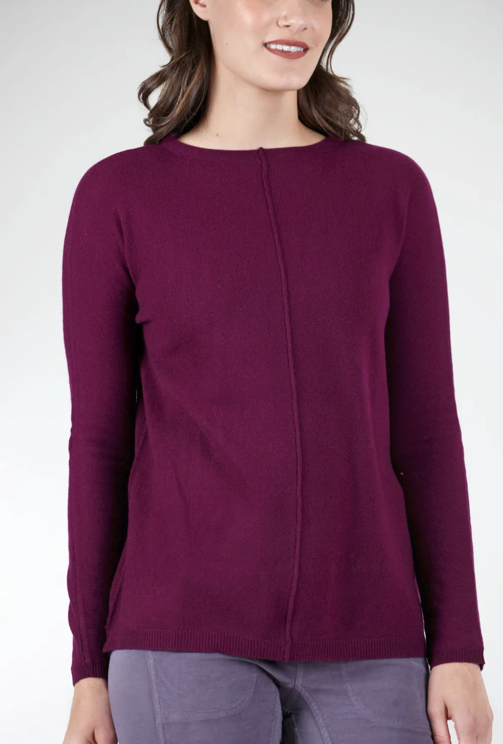 Seamed Easy Cashmere Pullover, Plum