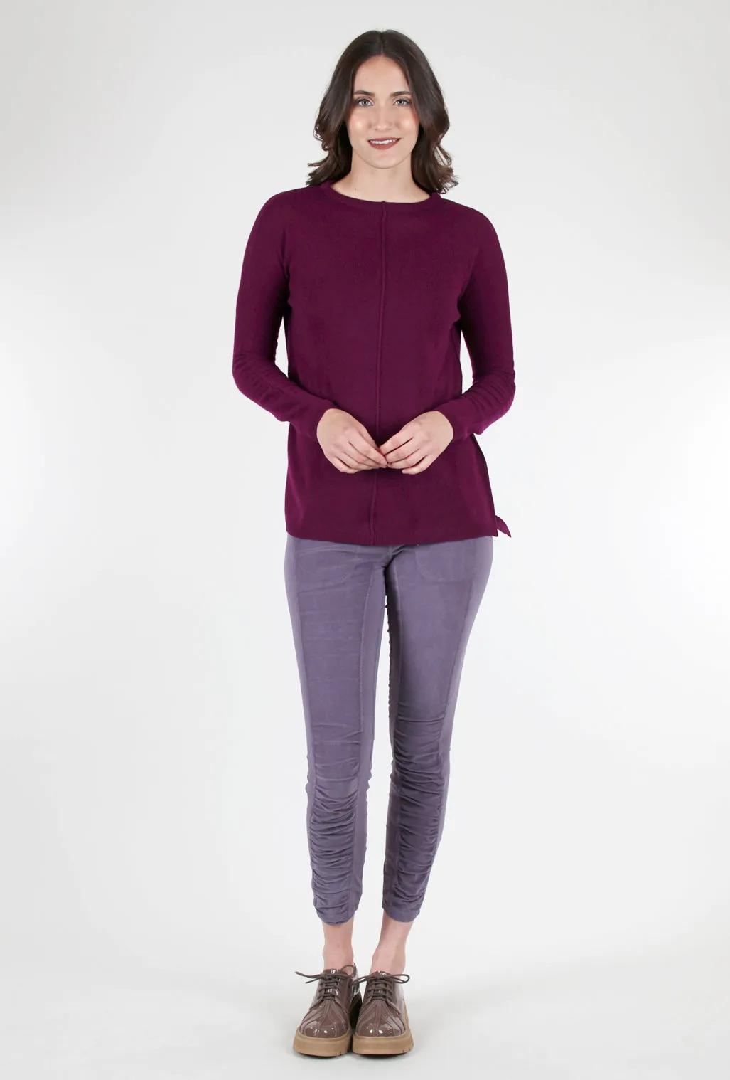 Seamed Easy Cashmere Pullover, Plum