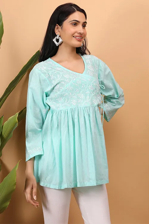 Shwet Sea Blue  Women Chikankari Angarkha Top