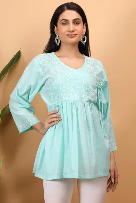 Shwet Sea Blue  Women Chikankari Angarkha Top