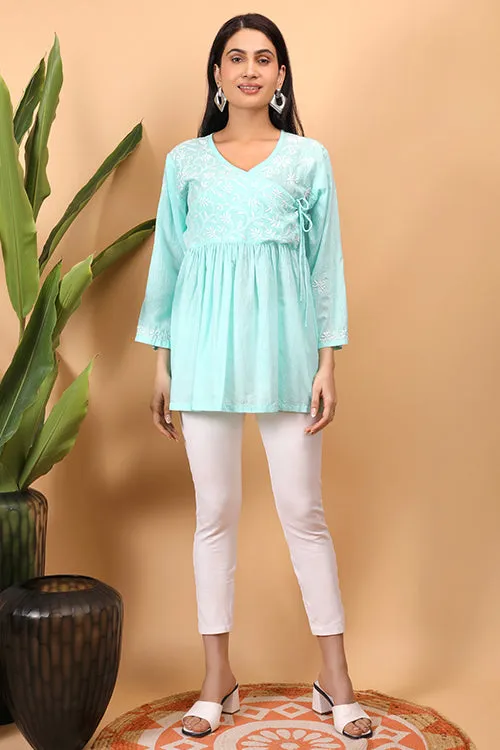 Shwet Sea Blue  Women Chikankari Angarkha Top