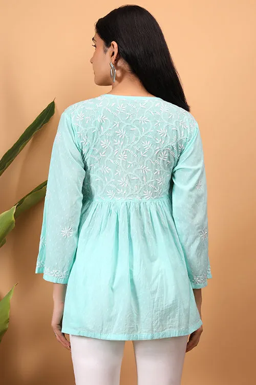 Shwet Sea Blue  Women Chikankari Angarkha Top