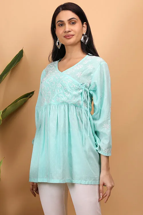 Shwet Sea Blue  Women Chikankari Angarkha Top
