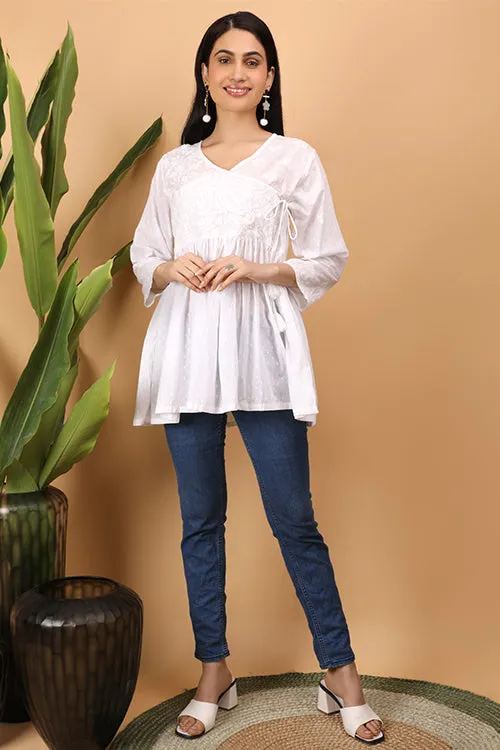 Shwet Women  White Chikankari Angarkha Top - 272