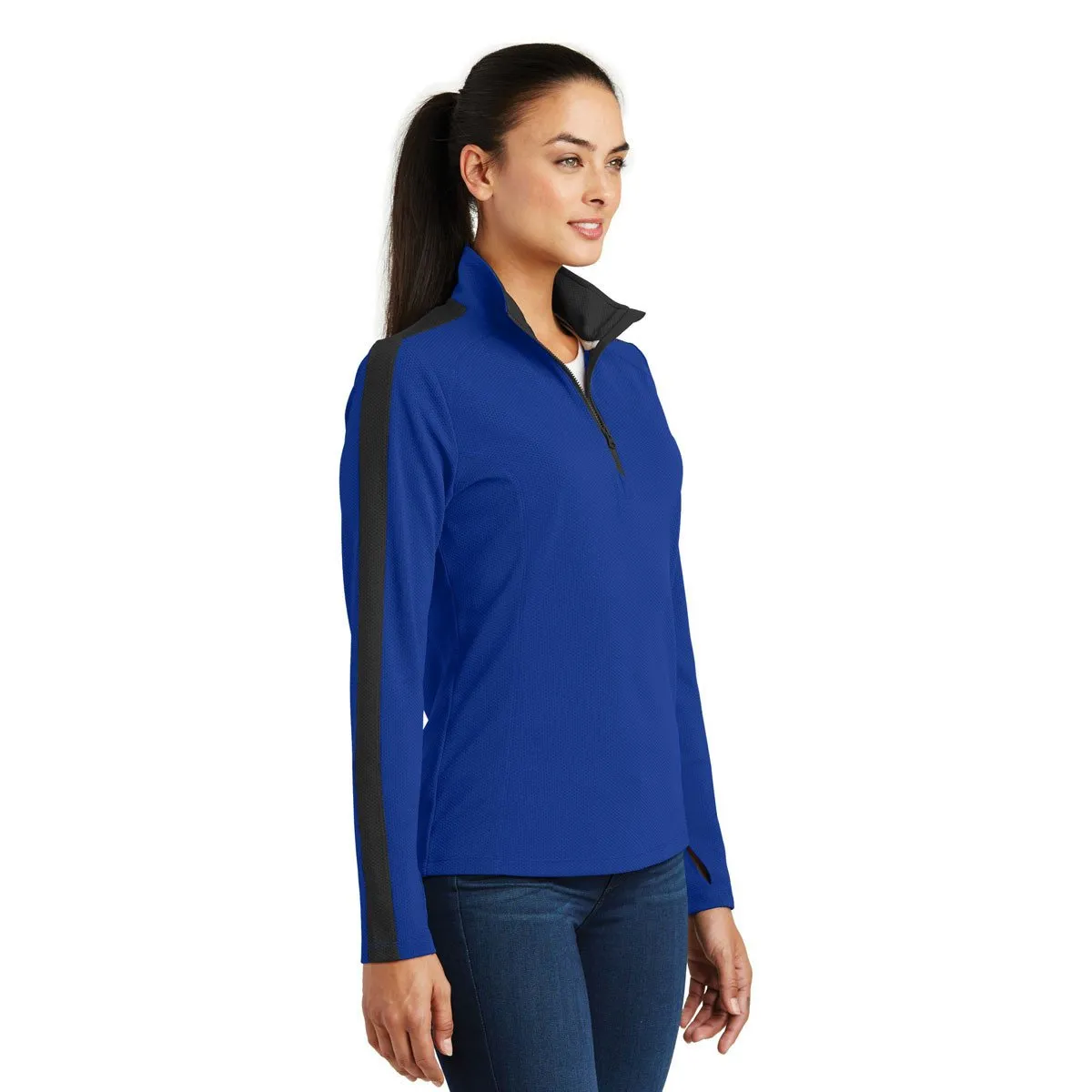 Sport-Tek Women's True Royal/Black Sport-Wick Textured Colorblock Quarter Zip Pullover