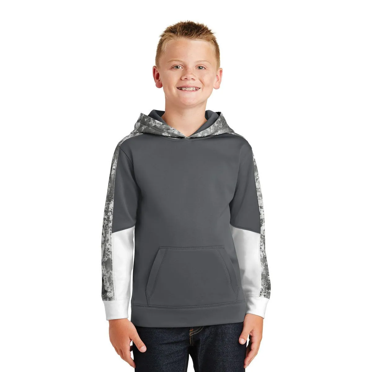 Sport-Tek Youth Dark Smoke Grey/Dark Smoke Grey Sport-Wick Mineral Freeze Fleece Colorblock Hooded Pullover