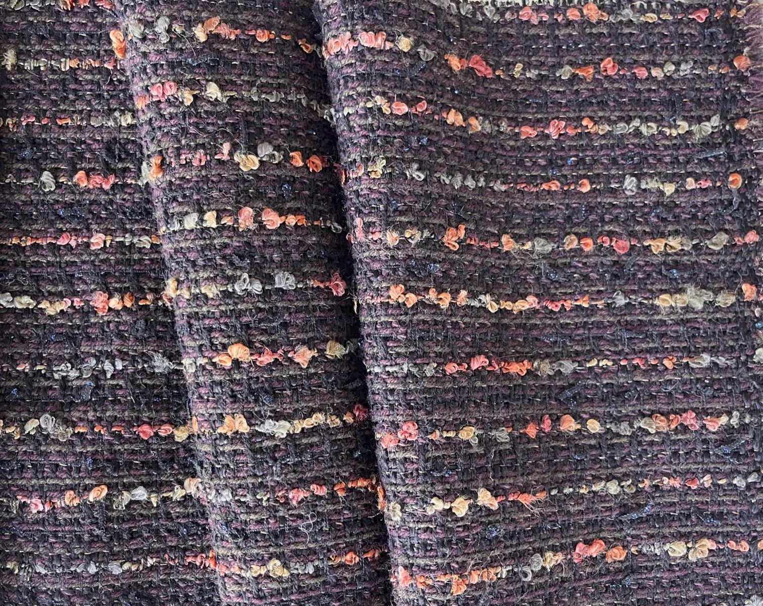 Striped Autumnal Raisin & Soft Black Wool Blend Bouclé (Made in Italy)