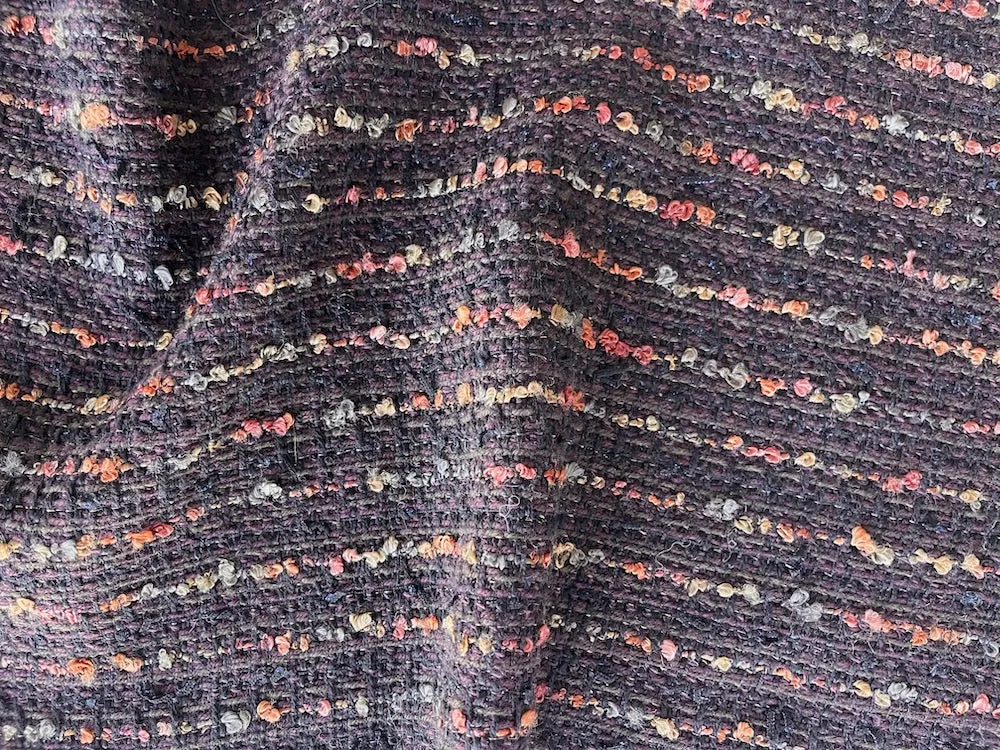 Striped Autumnal Raisin & Soft Black Wool Blend Bouclé (Made in Italy)