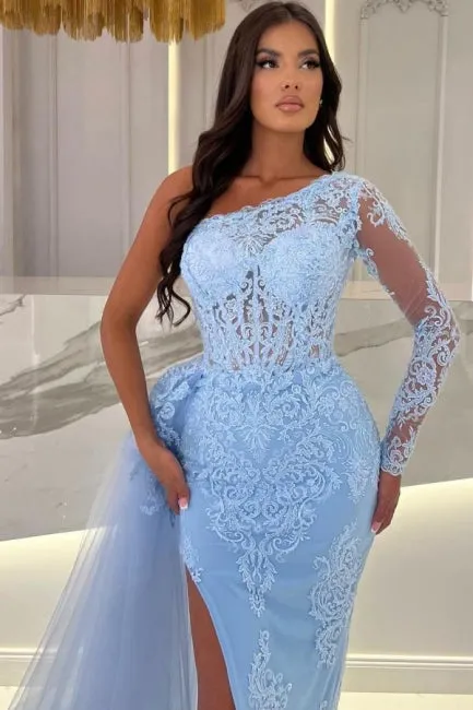 Suzhoufashion Column Long Slit Front Sky Blue Tulle One Shoulder Long Sleeve Prom Dresses with Lace