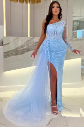 Suzhoufashion Column Long Slit Front Sky Blue Tulle One Shoulder Long Sleeve Prom Dresses with Lace
