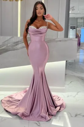 Suzhoufashion Mermaid Wisteria Ruffles Spaghetti Straps Long Sweetheart Stain Sleeveless Prom Dresses with Beadings