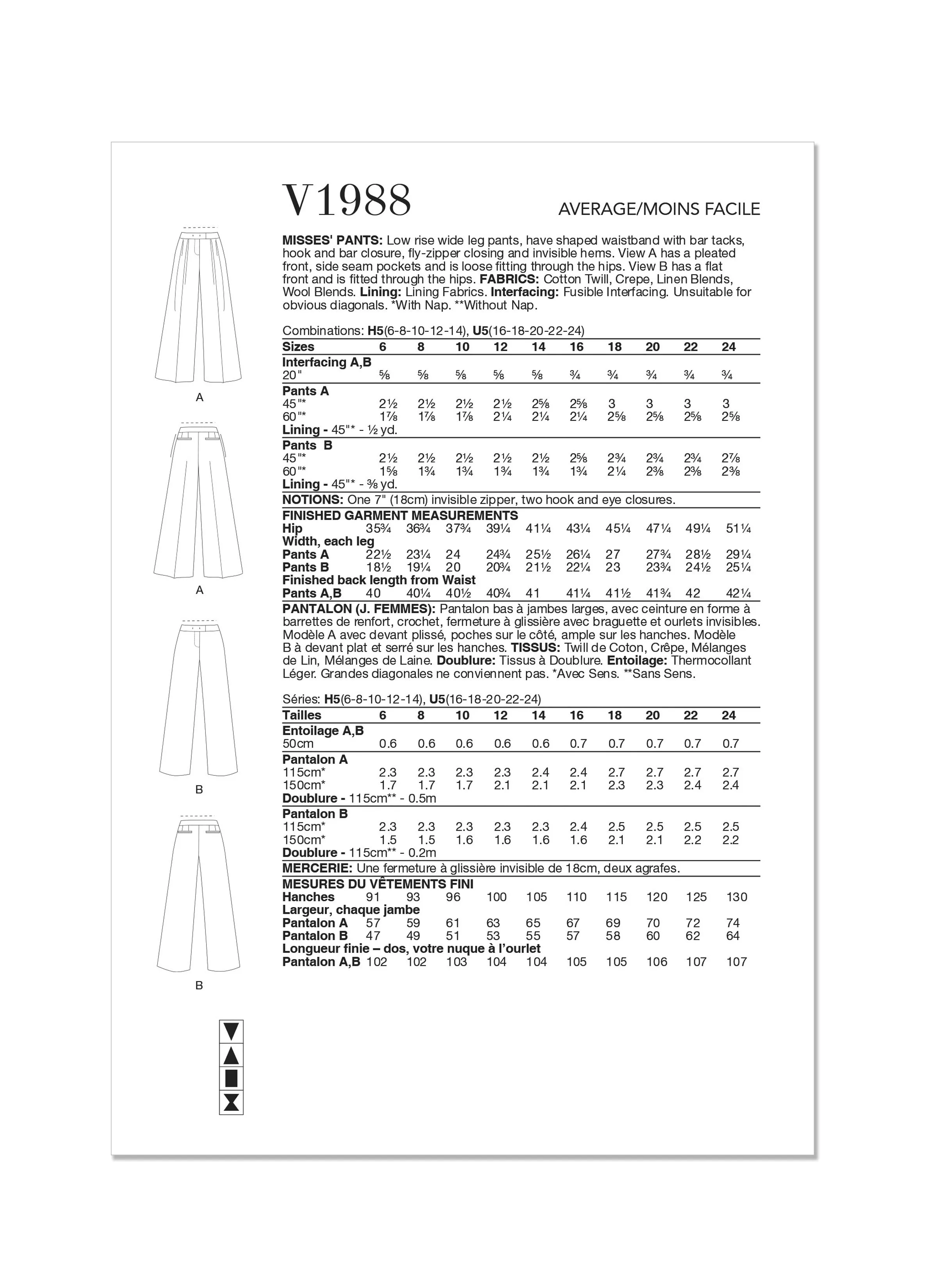 Vogue Sewing Pattern 1988 Misses' Trousers