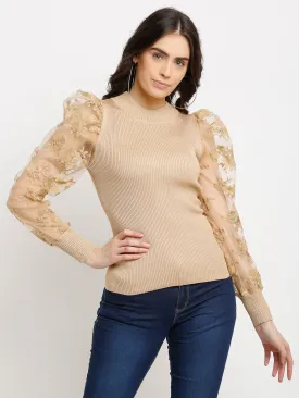 Women Beige Knitted Solid Round Neck Regular Fit Pullover