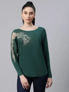 Women Embellished Green Woolen Regular Fit Party Pullover