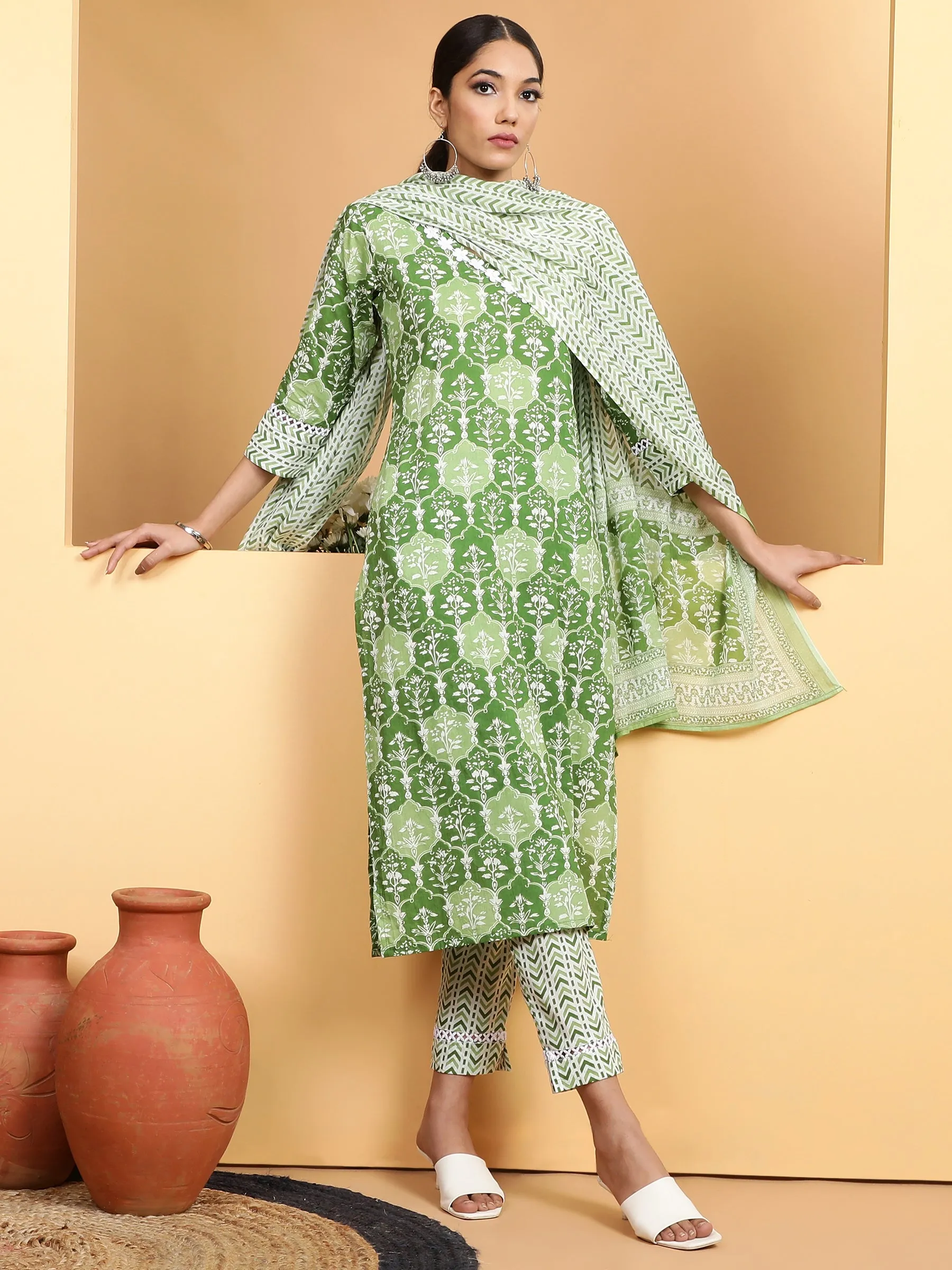 Women Green V-Neck Printed Kurta Bottom Set With Dupatta