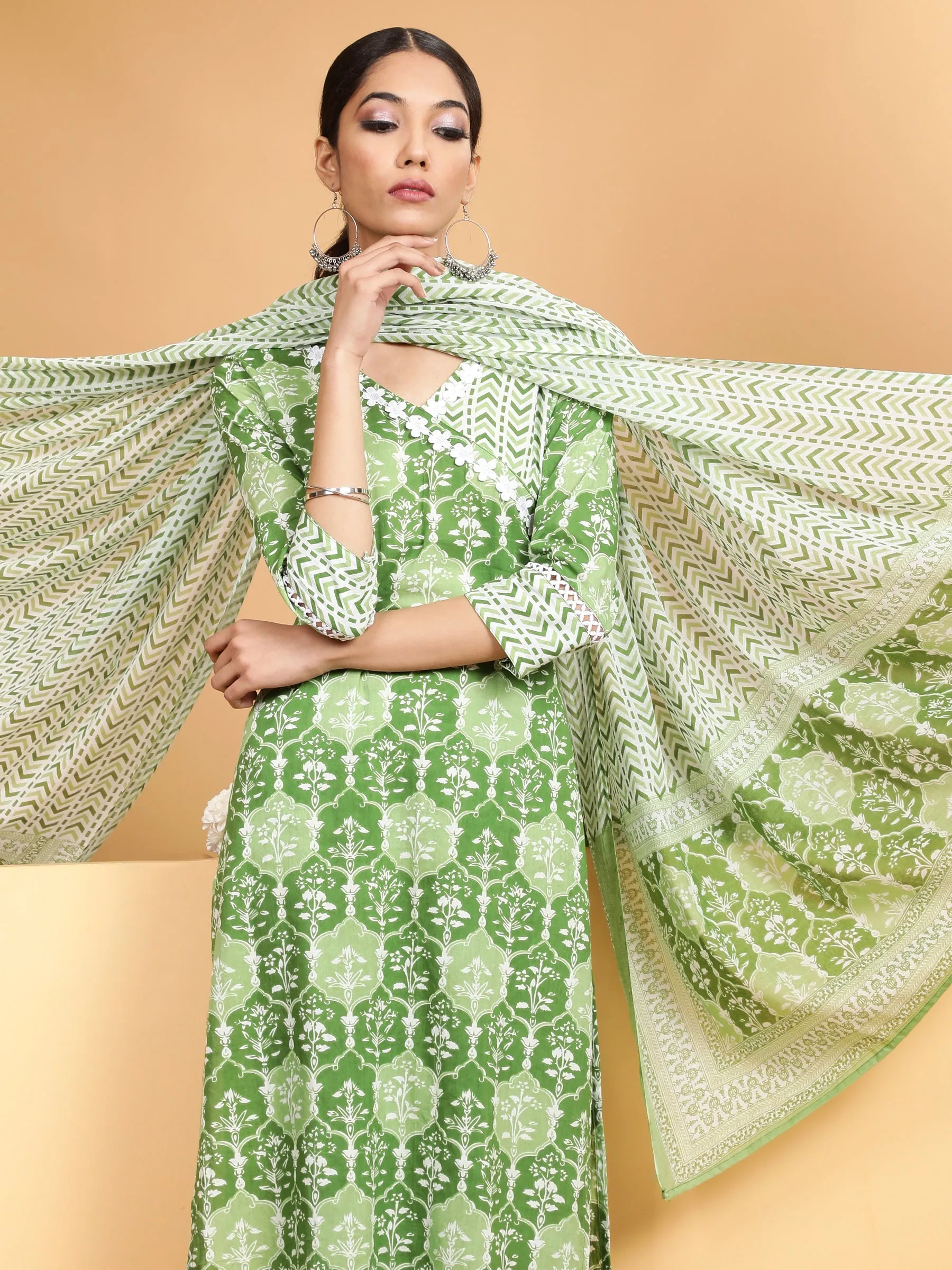 Women Green V-Neck Printed Kurta Bottom Set With Dupatta